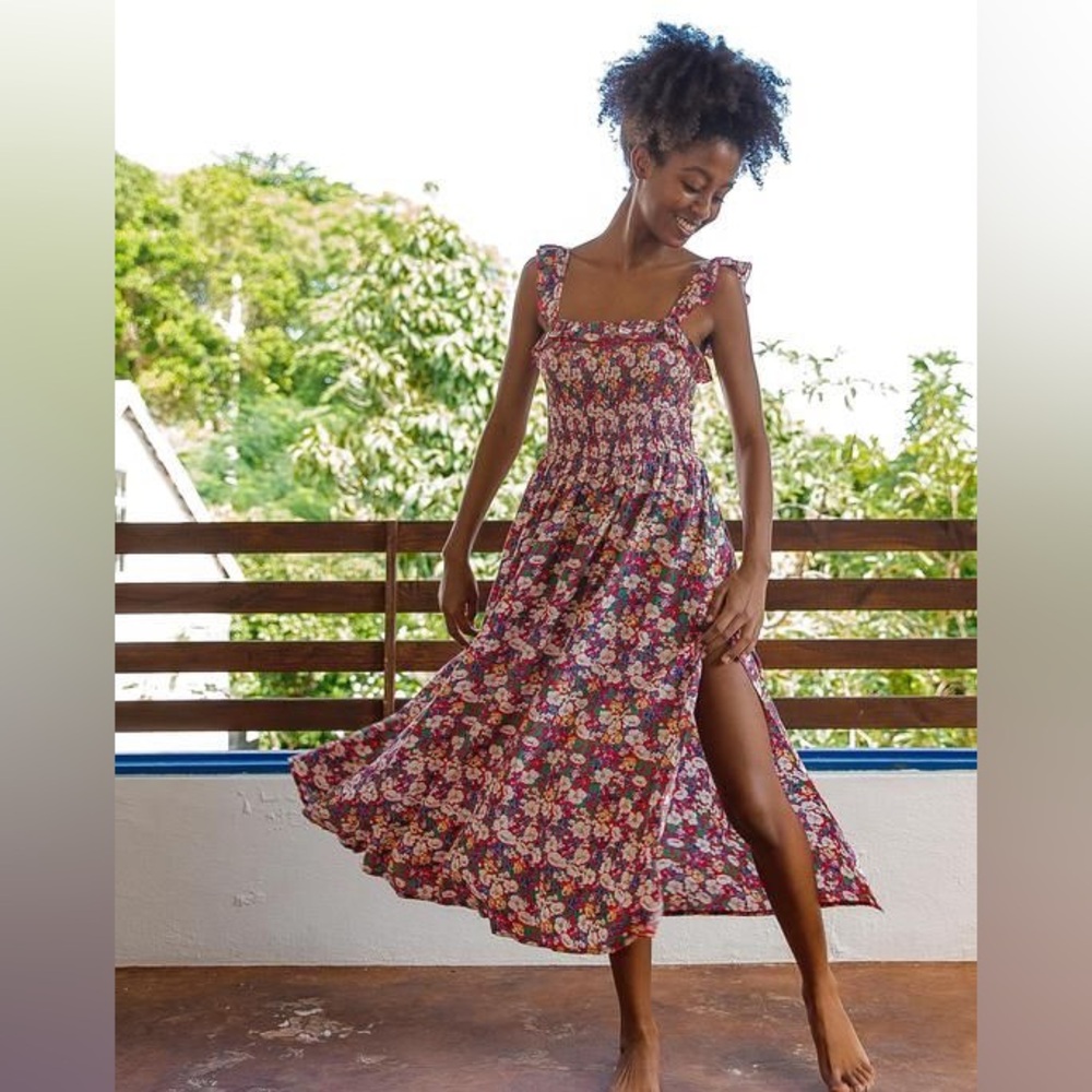 Natural Life Floral Smocked Ruffle Midi Dress Large Bohemian Spring Cottagecore